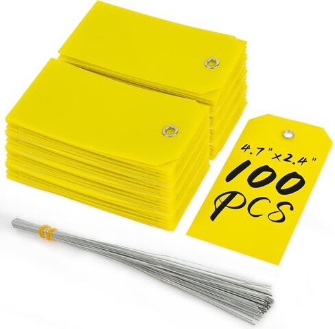 100pcs Plastic Tags with Wires - CARGEN Waterproof Shipping Tags with Wire Ties Blank Waterproof Tag for Outdoors Writeable Tag Palstic (4 3/4 x 2 3/8, Yellow) in Kuwait