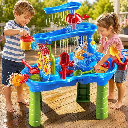 JUKUDAHU 3-Tier Water Table for Kids Ages 4-8 3-5, Sand and Water Table for Toddler with Beach Toys, Outdoor Toys Activity Sensory Play Table, Birthday Gifts for Toddlers 2 3 4 5 6 7 8 Boys Girls in Kuwait