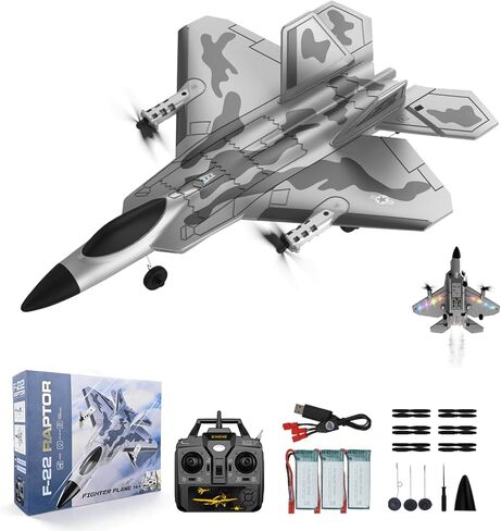 طائرة 4-CH F-22 Raptor RC مع ضوء، طائرة تحكم عن بعد RTF مع مثبت جيروسكوبي 6 محاور، وضع طيران هوائي وعمودي، محركات مزدوجة مطورة، طائرة RC احترافية للبالغين، 3 بطاريات in Kuwait