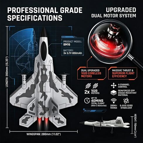 طائرة 4-CH F-22 Raptor RC مع ضوء، طائرة تحكم عن بعد RTF مع مثبت جيروسكوبي 6 محاور، وضع طيران هوائي وعمودي، محركات مزدوجة مطورة، طائرة RC احترافية للبالغين، 3 بطاريات in Kuwait