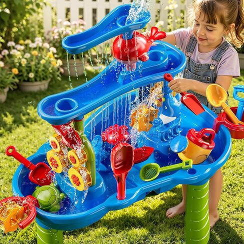 JUKUDAHU 3-Tier Water Table for Kids Ages 4-8 3-5, Sand and Water Table for Toddler with Beach Toys, Outdoor Toys Activity Sensory Play Table, Birthday Gifts for Toddlers 2 3 4 5 6 7 8 Boys Girls in Kuwait