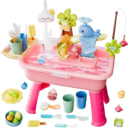 2026 Upgraded Water Table for Toddler 3+, Kids Mini Play Sink Toys with Running Water & Electric Pump, Kitchen Sink Sensory Toy, Fishing Game Outdoor Water Play Table for Kids Ages 4-8, Pink in Kuwait
