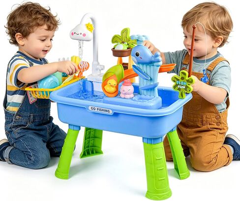 Upgraded Toddler Sand Water Table Toy with Electric Water Pump, Kids Sand Water with Faucet/Play Food Accessories/Fishing Toy, Kitchen Play Sink Toys for Girl Boy Age 3+ in Kuwait
