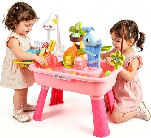 Upgraded Toddler Sand Water Table Toy with Electric Water Pump, Kids Sand Water with Faucet/Play Food Accessories/Fishing Toy, Kitchen Play Sink Toys for Girl Boy Age 3+ in Saudi Arabia