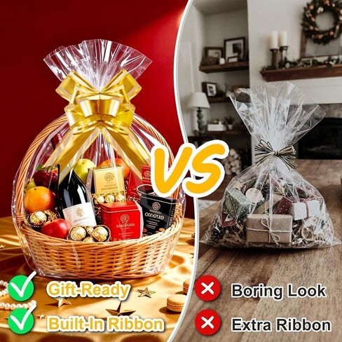 PigPotParty 10 عبوات من أكياس السيلوفان الكبيرة مقاس 24 × 30 بوصة لسلال الهدايا، غلاف سلة بلاستيكي شفاف سميك، يتضمن 10 أقواس سحب ذهبية كبيرة in Kuwait