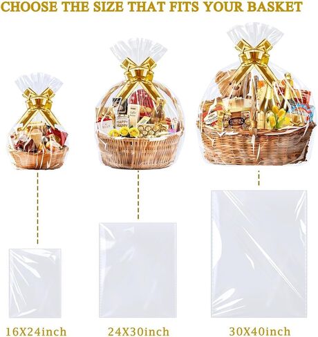 PigPotParty 10 عبوات من أكياس السيلوفان الكبيرة مقاس 24 × 30 بوصة لسلال الهدايا، غلاف سلة بلاستيكي شفاف سميك، يتضمن 10 أقواس سحب ذهبية كبيرة in Kuwait