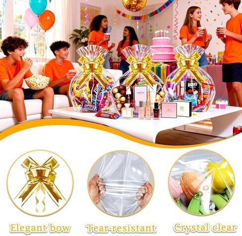 PigPotParty 10 عبوات من أكياس السيلوفان الكبيرة مقاس 24 × 30 بوصة لسلال الهدايا، غلاف سلة بلاستيكي شفاف سميك، يتضمن 10 أقواس سحب ذهبية كبيرة in Kuwait