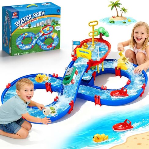 VATOS 2-Tier Outdoor Water Table Toys for Kids, 61PCS DIY Summer Waterways Playset with Pump, Toddler Water Park Toys for Pool Backyard Beach, Sensory Activity Fun Toy Gift for Boys Girls 3-5 4-8 in Kuwait