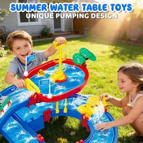 VATOS 2-Tier Outdoor Water Table Toys for Kids, 61PCS DIY Summer Waterways Playset with Pump, Toddler Water Park Toys for Pool Backyard Beach, Sensory Activity Fun Toy Gift for Boys Girls 3-5 4-8 in Kuwait
