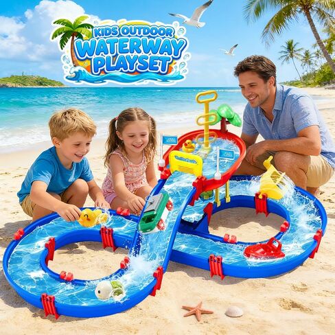 VATOS 2-Tier Outdoor Water Table Toys for Kids, 61PCS DIY Summer Waterways Playset with Pump, Toddler Water Park Toys for Pool Backyard Beach, Sensory Activity Fun Toy Gift for Boys Girls 3-5 4-8 in Kuwait
