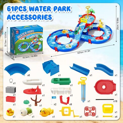 VATOS 2-Tier Outdoor Water Table Toys for Kids, 61PCS DIY Summer Waterways Playset with Pump, Toddler Water Park Toys for Pool Backyard Beach, Sensory Activity Fun Toy Gift for Boys Girls 3-5 4-8 in Kuwait