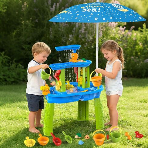 3-Tier Toddler Kids Water Sand Table With Umbrella - Summer Outdoor Toys with Stable Design, Multifunctional Sensory Learning Pool Beach Backyard Activity Playset Gifts for Boys Girls(Ocean Blue) in Kuwait