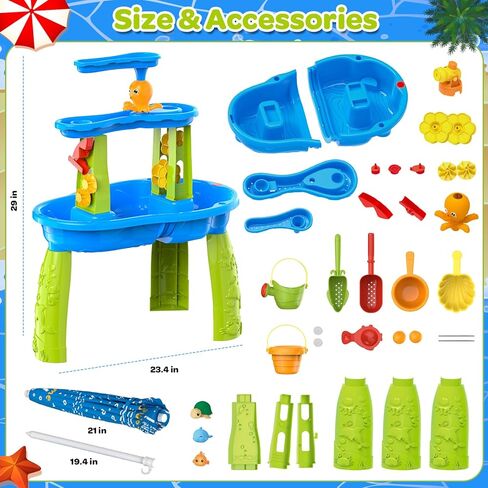 3-Tier Toddler Kids Water Sand Table With Umbrella - Summer Outdoor Toys with Stable Design, Multifunctional Sensory Learning Pool Beach Backyard Activity Playset Gifts for Boys Girls(Ocean Blue) in Kuwait