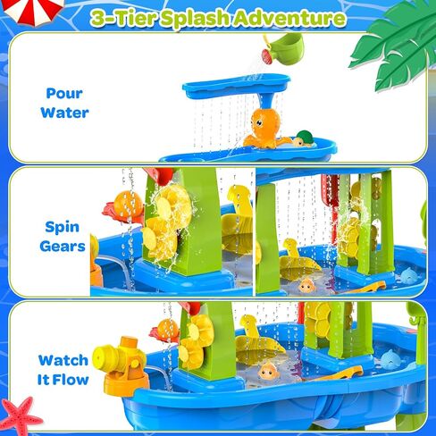 3-Tier Toddler Kids Water Sand Table With Umbrella - Summer Outdoor Toys with Stable Design, Multifunctional Sensory Learning Pool Beach Backyard Activity Playset Gifts for Boys Girls(Ocean Blue) in Kuwait
