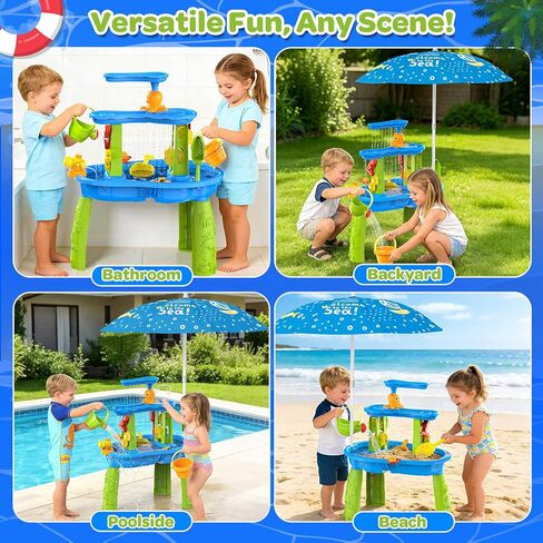 3-Tier Toddler Kids Water Sand Table With Umbrella - Summer Outdoor Toys with Stable Design, Multifunctional Sensory Learning Pool Beach Backyard Activity Playset Gifts for Boys Girls(Ocean Blue) in Kuwait