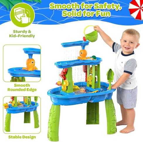 3-Tier Toddler Kids Water Sand Table With Umbrella - Summer Outdoor Toys with Stable Design, Multifunctional Sensory Learning Pool Beach Backyard Activity Playset Gifts for Boys Girls(Ocean Blue) in Kuwait