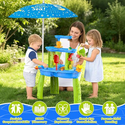 3-Tier Toddler Kids Water Sand Table With Umbrella - Summer Outdoor Toys with Stable Design, Multifunctional Sensory Learning Pool Beach Backyard Activity Playset Gifts for Boys Girls(Ocean Blue) in Kuwait