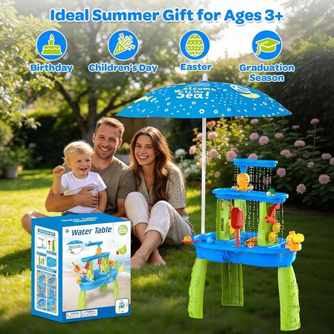 3-Tier Toddler Kids Water Sand Table With Umbrella - Summer Outdoor Toys with Stable Design, Multifunctional Sensory Learning Pool Beach Backyard Activity Playset Gifts for Boys Girls(Ocean Blue) in Kuwait