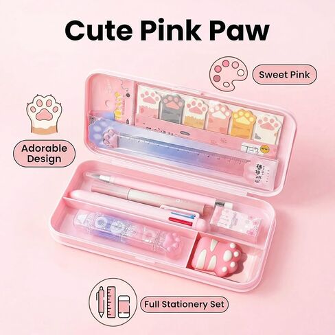 9+1 Pcs Pink Kawaii Stationery Set, Cute Cat Paw School Supplies, Japanese Style Office Student Best Gifts in Kuwait