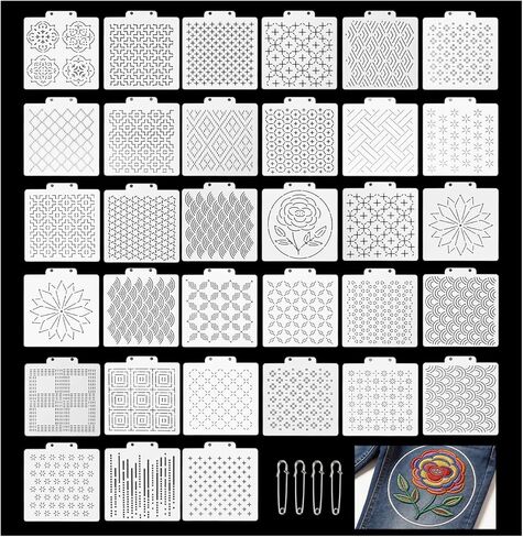 34 Pcs Sashiko Stencil Kit, Reusable Plastic Embroidery Quilting Templates, 30 Geometric Sewing Patterns with 4 Pins for Storage, Hand Drawing Supplies for Clothes Canvas Bags in Kuwait