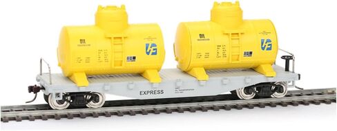 HO Scale 40' Flatcar with Twin Removable Yellow Oil Tanks, 1:87 Model Train, Plastic, Green, 7.3x1.3x1.7 Inches in Kuwait