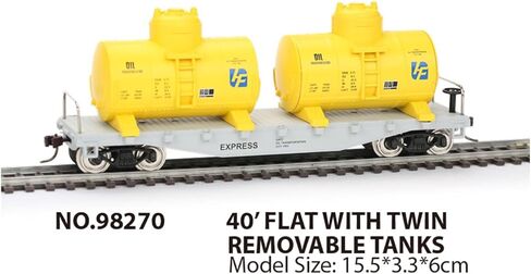 HO Scale 40' Flatcar with Twin Removable Yellow Oil Tanks, 1:87 Model Train, Plastic, Green, 7.3x1.3x1.7 Inches in Kuwait