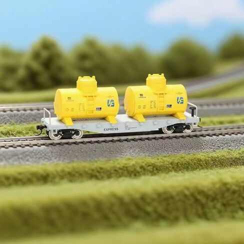 HO Scale 40' Flatcar with Twin Removable Yellow Oil Tanks, 1:87 Model Train, Plastic, Green, 7.3x1.3x1.7 Inches in Kuwait