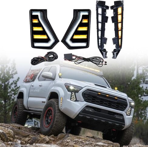 Astra Depot LED ضوء النهار الجري واستبدال مجموعة أدوات التحديد الجانبية لـ 2024-2026 Toyota Tacoma SR SR5 - أبيض DRL وكهرماني بدوره إشارة أمامية متسلسلة Foglamp + مصباح مضيئة بقوس العجلة in Kuwait