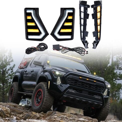 Astra Depot LED ضوء النهار الجري واستبدال مجموعة أدوات التحديد الجانبية لـ 2024-2026 Toyota Tacoma SR SR5 - أبيض DRL وكهرماني بدوره إشارة أمامية متسلسلة Foglamp + مصباح مضيئة بقوس العجلة in Kuwait