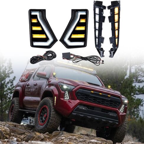 Astra Depot LED ضوء النهار الجري واستبدال مجموعة أدوات التحديد الجانبية لـ 2024-2026 Toyota Tacoma SR SR5 - أبيض DRL وكهرماني بدوره إشارة أمامية متسلسلة Foglamp + مصباح مضيئة بقوس العجلة in Kuwait
