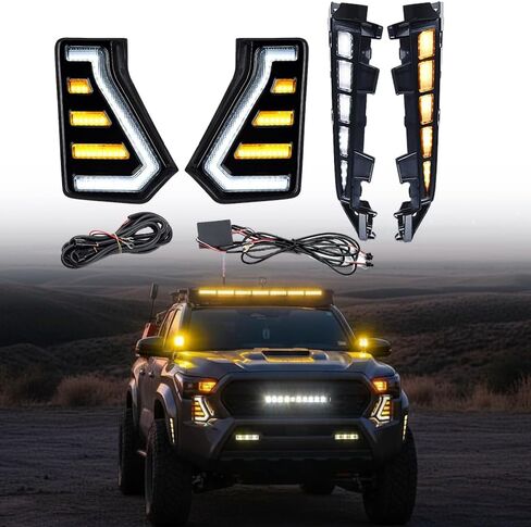 Astra Depot LED ضوء النهار الجري واستبدال مجموعة أدوات التحديد الجانبية لـ 2024-2026 Toyota Tacoma SR SR5 - أبيض DRL وكهرماني بدوره إشارة أمامية متسلسلة Foglamp + مصباح مضيئة بقوس العجلة in Kuwait