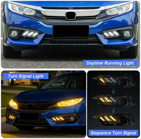 ضوء LED للجري النهاري متوافق مع Honda Civic 2016-2018 الجيل العاشر من سيدان، أبيض DRL مع مصابيح إشارة الانعطاف الكهرمانية (مصابيح الضباب غير متضمنة) in Kuwait