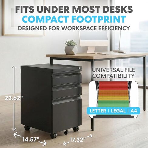 SIMPLI-Magic 3-Drawer Mobile File Cabinet with Lock - Under Desk Rolling Metal Filing Cabinet, Letter/Legal/A4, Fully Assembled, Home Office Organizer, Black in Kuwait