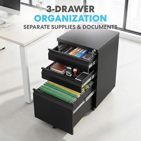 SIMPLI-Magic 3-Drawer Mobile File Cabinet with Lock - Under Desk Rolling Metal Filing Cabinet, Letter/Legal/A4, Fully Assembled, Home Office Organizer, Black in Kuwait