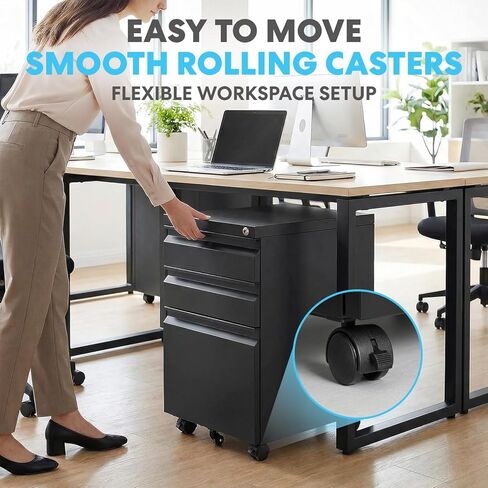 SIMPLI-Magic 3-Drawer Mobile File Cabinet with Lock - Under Desk Rolling Metal Filing Cabinet, Letter/Legal/A4, Fully Assembled, Home Office Organizer, Black in Kuwait