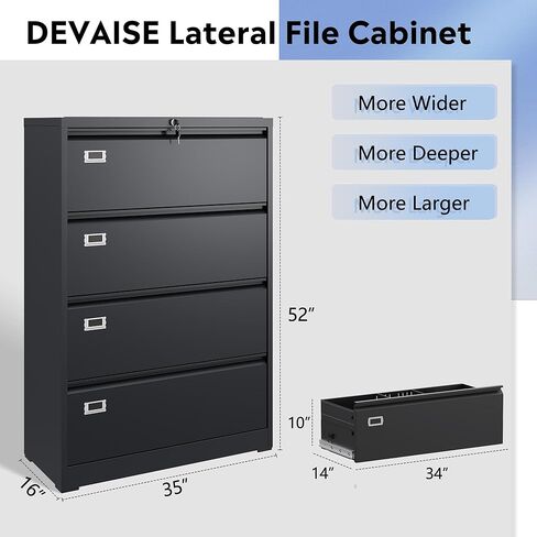 DEVAISE Lateral File Cabinet with 2 Drawers, Mobile Metal Filing Cabinet with Lock for Home Office Storage, Printer Stand with Adjustable Shelf - Black in Kuwait