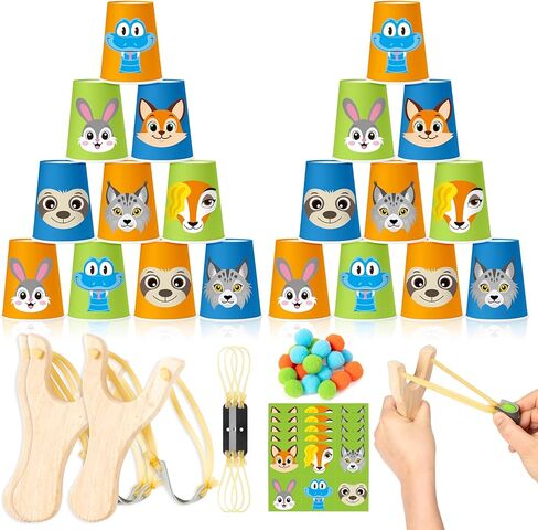 Animal Cup Game Set - 30PCS Zoo Theme Stacking Cup Game with Animal Stickers, 3 Wooden Wands & 20 Pom-Poms, Spring Birthday Party Games for Family, Indoor & Outdoor Activities in Kuwait