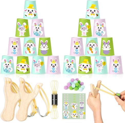 Animal Cup Game Set - 30PCS Zoo Theme Stacking Cup Game with Animal Stickers, 3 Wooden Wands & 20 Pom-Poms, Spring Birthday Party Games for Family, Indoor & Outdoor Activities in Saudi Arabia