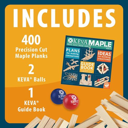 MindWare KEVA 400 Maple Wood Building Planks Set - Building Toy Includes 400 Wooden Blocks, 2 KEVA Balls, and Idea Book - Ages 5+ in Kuwait