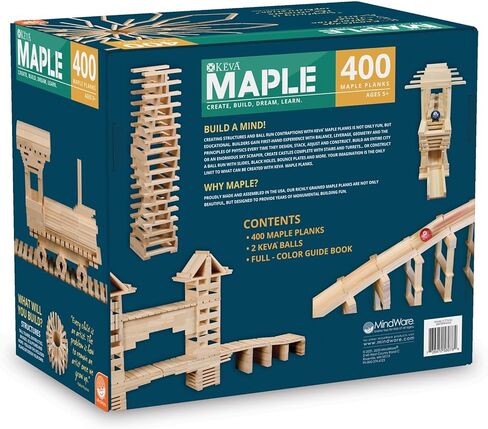 MindWare KEVA 400 Maple Wood Building Planks Set - Building Toy Includes 400 Wooden Blocks, 2 KEVA Balls, and Idea Book - Ages 5+ in Kuwait