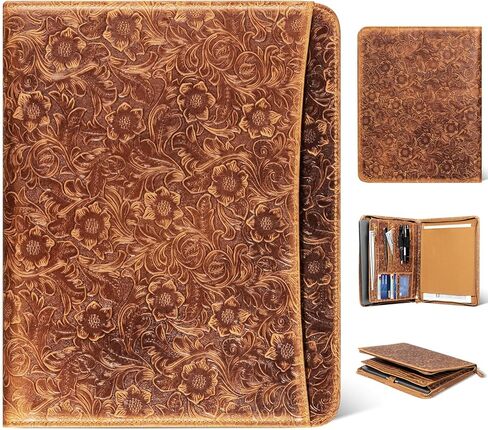 Gexmil Leather Portfolio Organizer for Women Men, Business Padfolio Folder with Zipper, Full Grain Leather,Interview Legal Document File Resume Organizer, A4 Writing Notepad Padfolio, Floral Brown in Kuwait