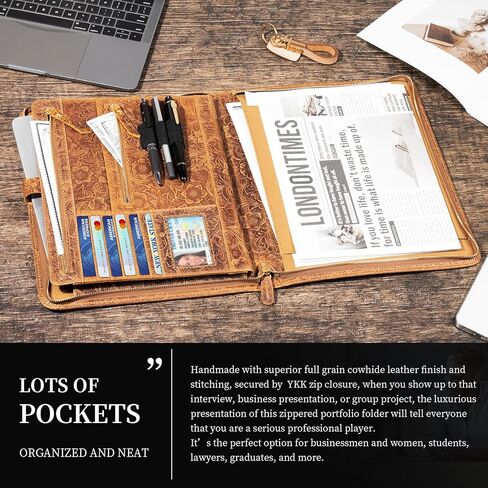 Gexmil Leather Portfolio Organizer for Women Men, Business Padfolio Folder with Zipper, Full Grain Leather,Interview Legal Document File Resume Organizer, A4 Writing Notepad Padfolio, Floral Brown in Kuwait