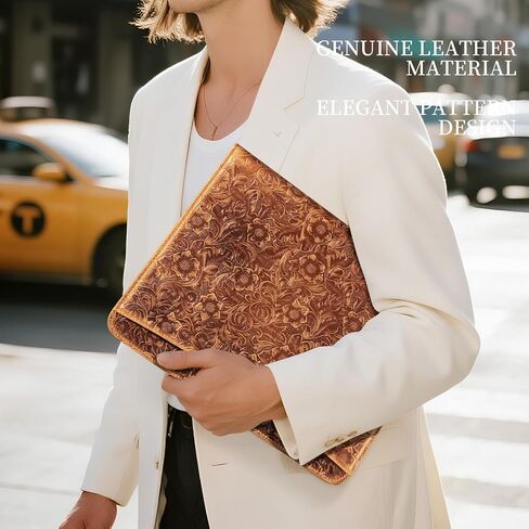 Gexmil Leather Portfolio Organizer for Women Men, Business Padfolio Folder with Zipper, Full Grain Leather,Interview Legal Document File Resume Organizer, A4 Writing Notepad Padfolio, Floral Brown in Kuwait