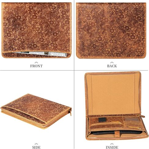 Gexmil Leather Portfolio Organizer for Women Men, Business Padfolio Folder with Zipper, Full Grain Leather,Interview Legal Document File Resume Organizer, A4 Writing Notepad Padfolio, Floral Brown in Kuwait