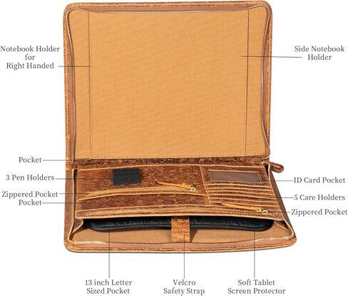 Gexmil Leather Portfolio Organizer for Women Men, Business Padfolio Folder with Zipper, Full Grain Leather,Interview Legal Document File Resume Organizer, A4 Writing Notepad Padfolio, Floral Brown in Kuwait