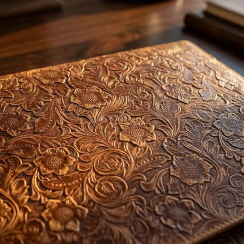 Gexmil Leather Portfolio Organizer for Women Men, Business Padfolio Folder with Zipper, Full Grain Leather,Interview Legal Document File Resume Organizer, A4 Writing Notepad Padfolio, Floral Brown in Kuwait