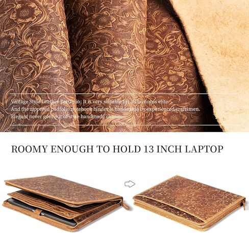 Gexmil Leather Portfolio Organizer for Women Men, Business Padfolio Folder with Zipper, Full Grain Leather,Interview Legal Document File Resume Organizer, A4 Writing Notepad Padfolio, Floral Brown in Kuwait