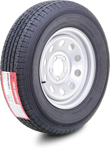 مجموعة عجلات إطارات المقطورة من Free Country ST205/75R15 10-Ply E 110M شديدة التحمل 2400 رطل مع 5 عروة على حافة PCD فضية مقاس 4.5 بوصة in Kuwait
