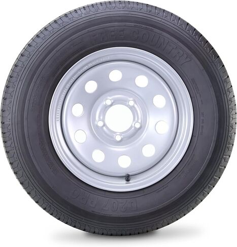 مجموعة عجلات إطارات المقطورة من Free Country ST205/75R15 10-Ply E 110M شديدة التحمل 2400 رطل مع 5 عروة على حافة PCD فضية مقاس 4.5 بوصة in Kuwait