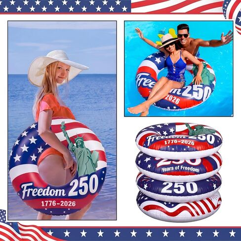 Foilswirl 4 حزمه 250 الذكرى نفخ تجمع تعويم 36 '' العلم الأمريكي الوطني تعويم أنبوب 4th من يوليو سميكة PVC الأحمر الأبيض الأزرق السباحة أنبوب الدائري لعيد الاستقلال الصيف حمام السباحة حزب الشاطئ in Kuwait